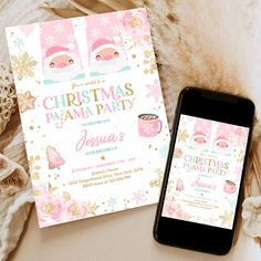 Editable Christmas Pajama Birthday Invitation Girly Pink Gold Floral Slumber Party Invitation Holiday Pajama Party Instant Download JO Pajama Birthday Party, Pajama Birthday Parties, Slumber Party Invitations, Christmas Pajama Party, Diy Birthday Invitations, Holiday Cocktail Party, Christmas Invitation, Christmas Baby Shower, Baby Invitations