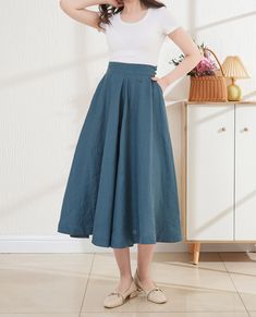 "Linen skirt with  side pockets. It is ideal for daily wear, party, travel, work, school, indoors and outdoor walks, spending time with family, shopping, etc.The dress is exceptionally comfortable and soft. DETAIL - 100% linen, soft washed - Medium weight linen - Two side seam pockets - No lining, Don't see through - A larger skirt that looks nice when twirling, great to dance Choose CUSTOM Order if you * Need a better fit * Can't find your size in our size Chart * Change the Style * Chang the L Flowy Skirt Dress In Solid Color, Solid Color Long Summer Dress, Solid Color Dress With Flowy Flared Skirt, Summer Full Skirt Dress In Solid Color, Summer Dresses With Full Skirt In Solid Color, Solid Color Full Skirt Summer Dresses, Summer Dresses With Full Skirt And Solid Color, Cotton Flared Maxi Skirt With Pockets, Cotton Flared Skirt With Pockets