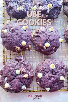 purple cookies with white chocolate chips on a cooling rack