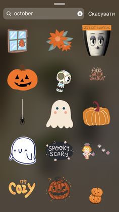 an iphone screen with various halloween stickers on the front and back side, including ghost, pumpkins, jack - o'- lanterns