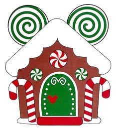 a gingerbread house with candy canes on the roof and windows in red, green and white