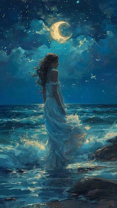 a painting of a woman standing in the ocean looking at the moon and stars above her