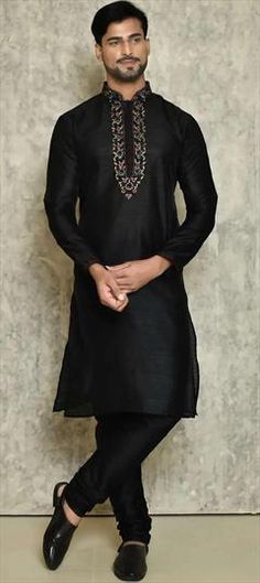 Black and Grey color Kurta Pyjamas in Art Silk fabric with Embroidered, Thread work Embroidered Black Kurta For Festivals, Black Kurta With Motifs For Diwali, Thread Work, Grey Fashion, Summer Sale, Wearing Black, Silk Fabric, Party Wear, Colorful Art