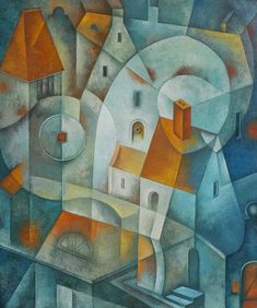 an abstract painting with houses and buildings