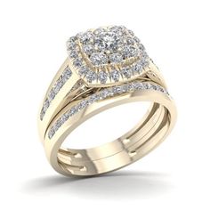 a yellow gold wedding ring set with two rows of diamonds on each band and a square shaped