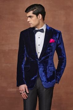 Royal blue tuxedo jacket crafted with notched lapel collar and patch pockets. - Aza Fashions Winter Wedding Blue Blazer, Royal Blue Formal Blazer For Winter, Royal Blue Winter Blazer For Formal Occasions, Royal Blue Formal Outerwear, Royal Blue Formal Winter Blazer, Winter Formal Royal Blue Blazer, Classic Blue Outerwear For Party, Blue Formal Outerwear In Luxurious Style, Classic Blue Party Outerwear