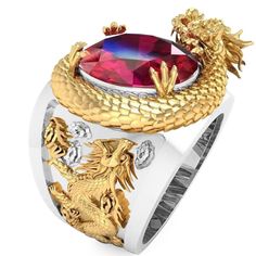 Creative Ornament Carved Three-dimensional Domineering Dragon Rings Red Crystal Ring, King Horse, Party Models, Dragon Ring, Creative Personality, Golden Ring, Animal Rings, Estilo Punk, Retro Men