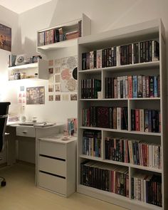 a white bookcase filled with lots of books next to a computer desk and chair