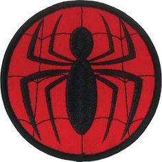 a spiderman logo on a red and black patch in the shape of a circle