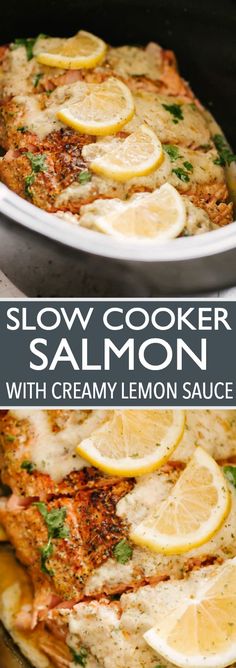 slow cooker salmon with creamy lemon sauce is an easy and delicious dinner recipe