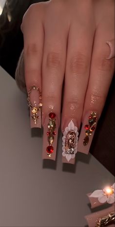 San Judas Nail Set, Buchona Valentines Nails, Pink Buchona Nails, San Judas Nails, Virgencita Nails, Buchonas Nails, Red Nails With Rhinestones, Boogie Nails, Rosary Nails