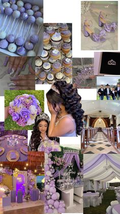 a collage of purple and white wedding decorations