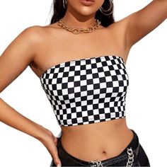 91% Polyester, 9% Elastane Care Instructions: Machine Wash Or Professional Dry Clean Sheer: No Casual Fitted Tops With Grid Pattern, Casual Fitted Top With Grid Pattern, Fitted Casual Tops With Grid Pattern, Trendy Grid Pattern Tops For Spring, Denim Top, Tube Top, Nascar, Care Instructions, Dry Clean