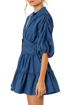 A denim dress gets infinitely cuter when you add bubbly balloon sleeves and a ruffle-decked skirt. Front button closure Spread collar Elbow-length sleeves 75% cotton, 24% polyester, 1% spandex Hand wash, dry flat Imported Denim Dress Outfit, Balloon Dress, Dress Romper, Balloon Sleeves, Christmas Dress, All Fashion, Denim Dress, Dress To Impress, What To Wear