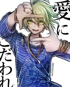 an anime character with blonde hair and green eyes holding his hand up to his head