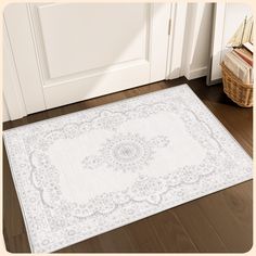 a white rug on the floor in front of a door with a basket next to it