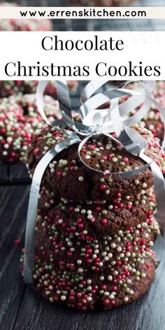 chocolate christmas cookies with sprinkles and ribbon on wooden table, text overlay reads chocolate christmas cookies