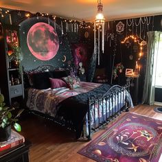 a bed room with a neatly made bed and lots of decorations on the wall above it