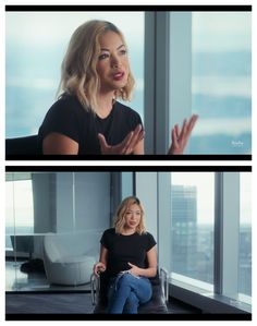 two pictures of a woman sitting in a chair and talking to someone on the other side