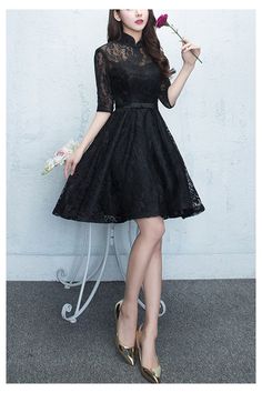 Modest Black Lace Tea Length Homecoming Dress With Sleeves Black Midi Dress For Wedding And Prom Season, Black Knee-length Lace Wedding Dress, Black Lace Dress For Wedding And Prom Season, Formal Black Knee-length Lace Dress, Black Lace Knee-length Wedding Dress, Black Lace Prom Dress For Prom Season, Fitted Lace Knee-length Dress For Prom, Black Midi Lace Dress For Wedding, Black Lace Midi Dress For Prom