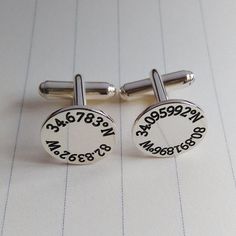 Coordinates Cufflinks,Silver Latitude Longitude Wedding Cufflinks,Personalized Wedding Cufflinks,Engraved Coordinate Cuffl inks  for GroomAll of our products are handmade.Smart and classy, silver monogram finish makes a wonderful personalized gift with his initialsPersonalize these cuffs with his Coordinates and choose 925 sterling silver / 18k gold plated / white gold plated finish.Metal type: choice of 925 sterling silver / 18k gold plated / white gold platedMonogram diameter: 15mm(0.5"inch) Formal Stamped Cuff Jewelry, Silver Round Jewelry For Business, Silver Engraved Cufflinks For Gift, Silver Engraved Cufflinks As Gift, Silver Cuff Jewelry For Business, Personalized Silver Cufflinks As Gift, Personalized Silver Cufflinks For Gift, Classic Silver Cufflinks For Anniversary, Silver Cufflinks With Polished Finish For Gift