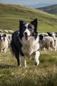 a black and white dog running in front of a herd of sheep