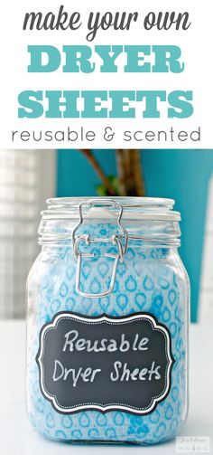 a jar filled with dryer sheets sitting on top of a table