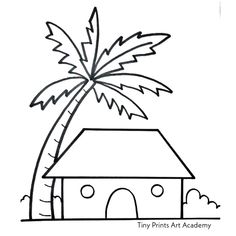 a black and white drawing of a house with a palm tree