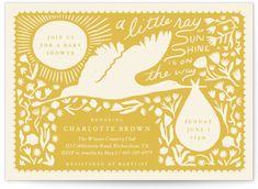 a yellow and white baby shower party card