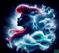 a woman with red hair and lightning in the sky