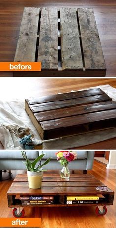 a coffee table made out of old pallets and some wood planks is shown