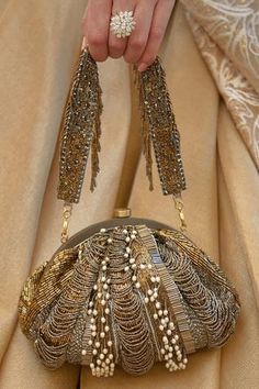 Shop for Lovetobag Ruche Embellished Soft Pouch Online at Aza Fashions Vintage Evening Bag, Gold Evening Bag, Micro Beads, Embellished Bags, Potli Bags, Iridescent Crystal, Gold Handbags, Buy Gold, Beaded Bags