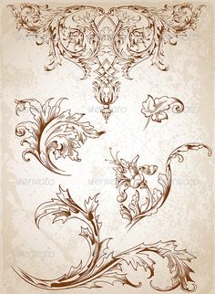 vintage floral design elements set on old paper