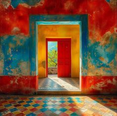 an open red door in a colorful room