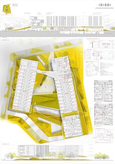 an architectural drawing shows the various sections of a building that are yellow and white in color