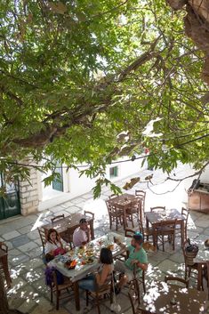 people are sitting at tables under the shade of a tree in an outdoor patio area