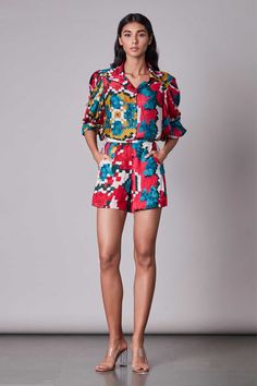 Ikat print, exaggerated sleeve ribbed collar shirt. Materials used: Satin Color: Multi Care: Dry clean only Exaggerated Sleeve, Exaggerated Sleeves, Satin Shorts, Ikat Print, Night Out Outfit, Satin Color, Indian Fashion Designers, Satin Shirt, Print Shorts