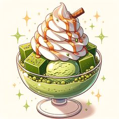 an ice cream sundae in a glass bowl with green and white toppings on top