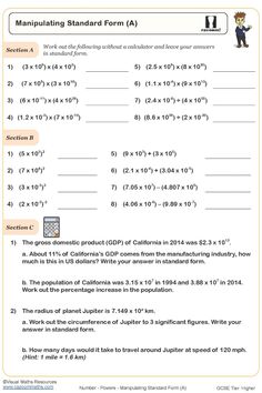 the worksheet for multiplying standard form with numbers and symbols on it