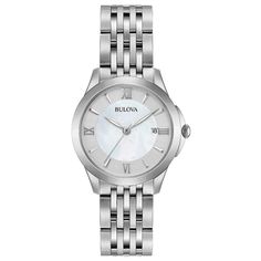 Accent your look with the timeless elegance of this Bulova women's Mother Of Pearl Roman accent dial bracelet watch. Click on this JEWELRY & WATCHES GUIDE to learn about fit, styles, materials and more! Accent your look with the timeless elegance of this Bulova women's Mother Of Pearl Roman accent dial bracelet watch. Click on this JEWELRY & WATCHES GUIDE to learn about fit, styles, materials and more! FEATURES Day & date window Scratch resistantDISPLAY Dial type: Mother-of-pearl Face cover mate Face Cover, Minerals Crystals, Push Button, Link Bracelets, Mother Of Pearl, Bracelet Watch, Timeless Elegance, Stainless Steel, Band