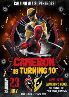 a flyer for a superhero birthday party with two deadpools on the front and back