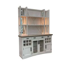 a white hutch with glass doors and lights on it's sides, in front of a white background