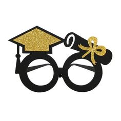 a pair of glasses with a graduation cap and gold bow on it, sitting in front of a white background