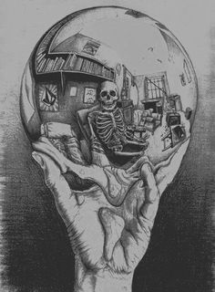 a drawing of a skeleton sitting in front of a glass ball with the image of a house inside it