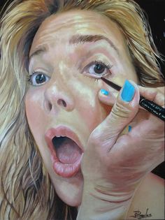 a painting of a woman holding a pen to her eye and making a surprised face