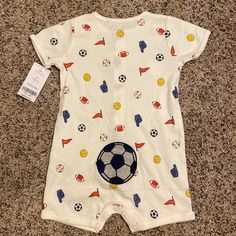 Nwt Brand: Carter’s Size: 9 Months Romper Style With Soccer Ball On Back Bottom- See Pictures Smoke Free Home ***Free Baby Gift With Either $20 Or $30 Dollars Spent On Baby Items!! 2 Separate Posts With Show The Free Items Available For $20 Or $30 Dollars Spent On Baby Items! Plus Bundle 2 Items Or More And Save 10%!*** Playful White Onesie For Spring, White Onesie With Cartoon Print For Playwear, White Summer Onesie For Playtime, Fun Short Sleeve Onesie For Playtime, White Cotton Onesie For Playdate, White Cartoon Print Onesie For Playwear, White Summer Playtime Onesie, Summer Playtime White Onesie, White Cotton Onesie For Playwear