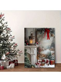 a christmas tree with presents in front of it and a painting on the wall behind it