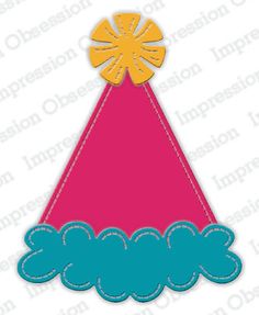 a pink and blue birthday hat with an orange bow on it's top, surrounded by clouds