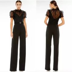 Mac Duggal Belted Illusion High Neck Cap Sleeve Jumpsuit Black Size 2 Nwt An Illusion Bodice Overlay And Ruffled Trims Create Contemporary Elegance On A Wide-Leg Jumpsuit Fashioned With A Coordinating Belt At The Waist. Organza And Crepe Fabric (100% Polyester) Partially Lined Bodice, Fully Lined Through Pant; Sheer Unlined Sleeves Round High Neckline Short Ruffled Cap Sleeve Illusion Yoke Sewn-On Belt At Waist Ruffle Stand Collar Concealed Back Zipper Formal Jumpsuits, Tuxedo Jumpsuit, Formal Jumpsuit, Evening Jumpsuit, Satin Jumpsuit, Sequin Jumpsuit, Satin Long Sleeve, Pink Jumpsuit, Jumpsuit Black