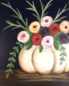 a painting of flowers in a white vase